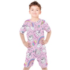 Beautiful Cute Animals Pattern Pink Kids  Tee And Shorts Set by Semog4