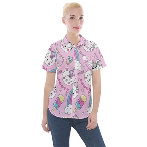 Beautiful Cute Animals Pattern Pink Women s Short Sleeve Pocket Shirt by Semog4