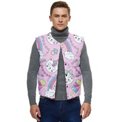 Beautiful Cute Animals Pattern Pink Men s Short Button Up Puffer Vest	