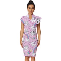 Beautiful Cute Animals Pattern Pink Vintage Frill Sleeve V-neck Bodycon Dress by Semog4