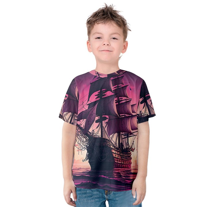 Ship Pirate Adventure Landscape Ocean Sun Heaven Kids  Cotton Tee