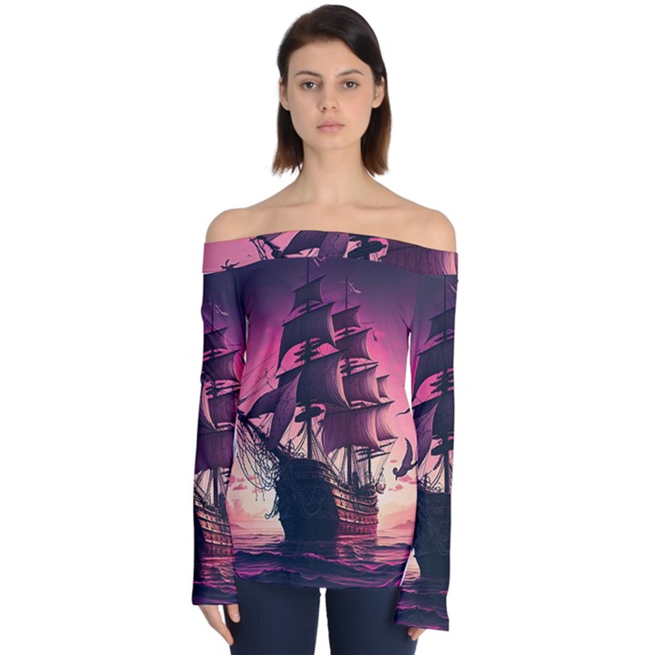 Ship Pirate Adventure Landscape Ocean Sun Heaven Off Shoulder Long Sleeve Top