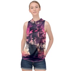 Ship Pirate Adventure Landscape Ocean Sun Heaven High Neck Satin Top by Semog4