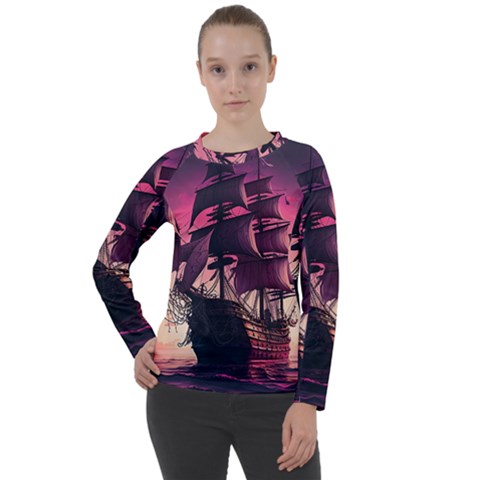 Ship Pirate Adventure Landscape Ocean Sun Heaven Women s Long Sleeve Raglan Tee by Semog4