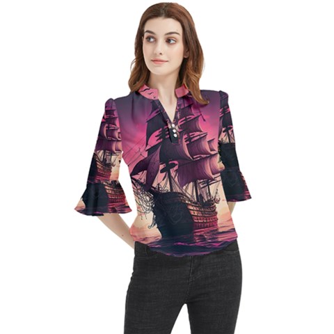 Ship Pirate Adventure Landscape Ocean Sun Heaven Loose Horn Sleeve Chiffon Blouse by Semog4