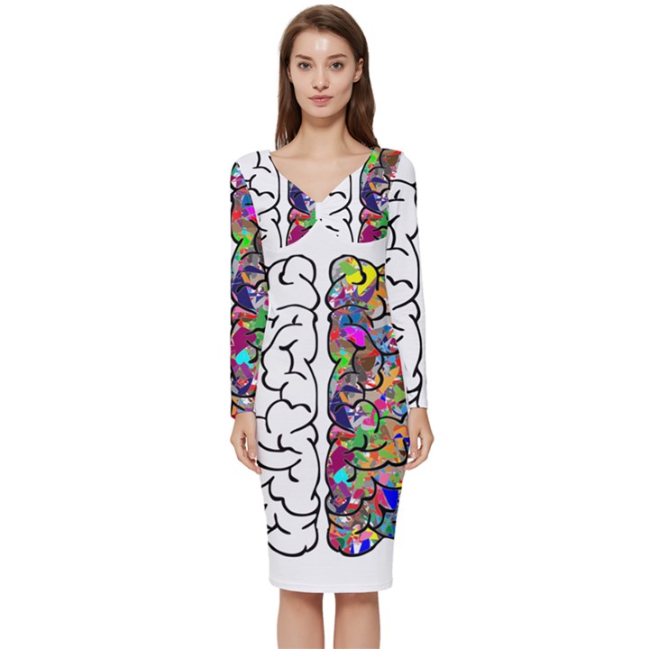 Brain Mind Aianatomy Long Sleeve V-Neck Bodycon Dress 