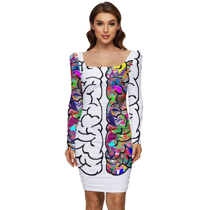 Brain Mind Aianatomy Women Long Sleeve Ruched Stretch Jersey Dress