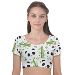 Giant Panda Bear Green Bamboo Velvet Short Sleeve Crop Top  by Salman4z