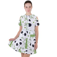 Giant Panda Bear Green Bamboo Short Sleeve Shoulder Cut Out Dress  by Salman4z