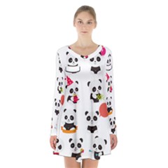 Giant Panda Bear Cuteness Long Sleeve Velvet V-neck Dress by Salman4z