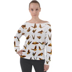 Butterfly Butterflies Insect Swarm Off Shoulder Long Sleeve Velour Top