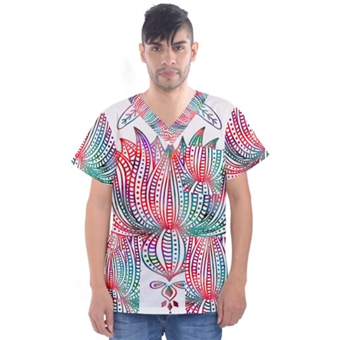 Lotus Feathers Boho Watercolor Men s V-neck Scrub Top by Salman4z