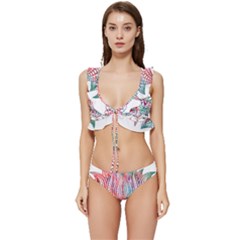 Lotus Feathers Boho Watercolor Low Cut Ruffle Edge Bikini Set by Salman4z