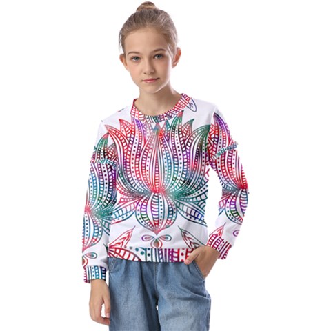 Lotus Feathers Boho Watercolor Kids  Long Sleeve Tee With Frill  by Salman4z