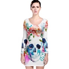 Day Of The Dead Skull Art Long Sleeve Velvet Bodycon Dress