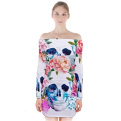 Day Of The Dead Skull Art Long Sleeve Off Shoulder Dress by Salman4z