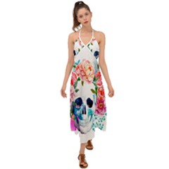 Day Of The Dead Skull Art Halter Tie Back Dress  by Salman4z