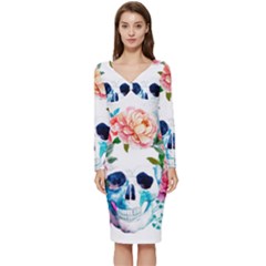 Day Of The Dead Skull Art Long Sleeve V-neck Bodycon Dress 