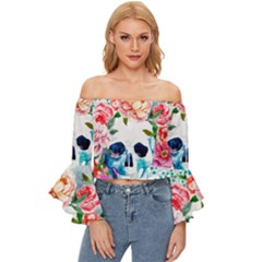 Day Of The Dead Skull Art Off Shoulder Flutter Bell Sleeve Top by Salman4z