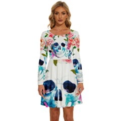 Day Of The Dead Skull Art Long Sleeve Wide Neck Velvet Dress by Salman4z