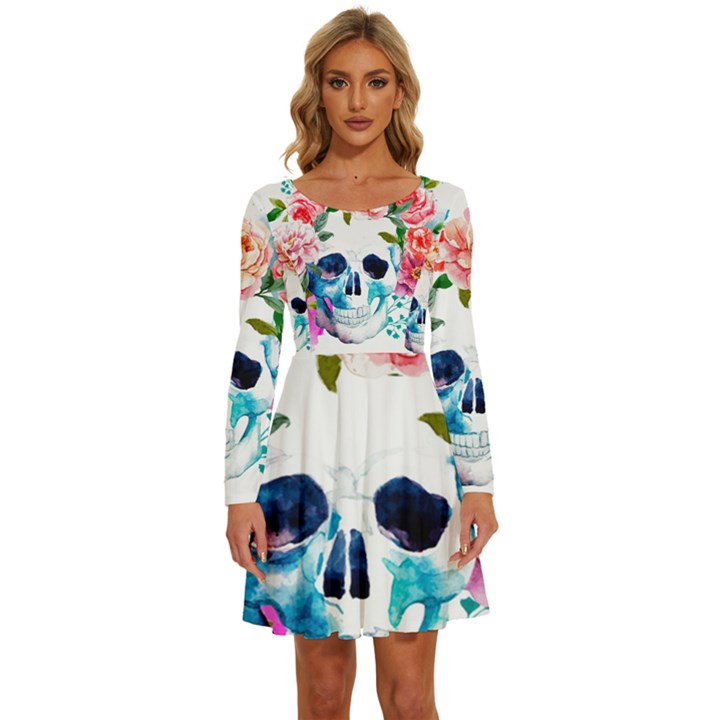 Day Of The Dead Skull Art Long Sleeve Wide Neck Velvet Dress