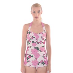 Floral Vintage Flowers Boyleg Halter Swimsuit  by Dutashop