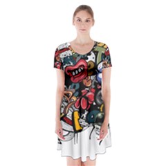 Mural Graffiti Paint Short Sleeve V-neck Flare Dress by Salman4z