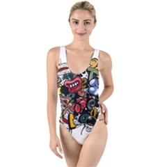 Mural Graffiti Paint High Leg Strappy Swimsuit