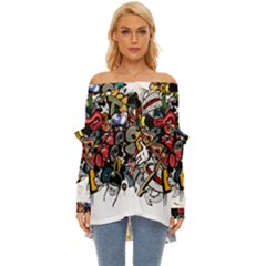 Mural Graffiti Paint Off Shoulder Chiffon Pocket Shirt by Salman4z