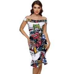 Mural Graffiti Paint Off Shoulder Ruffle Split Hem Bodycon Dress by Salman4z