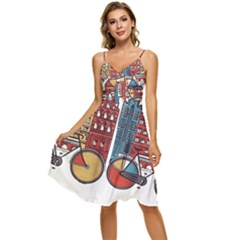 Amsterdam Graphic Design Poster Illustration Sleeveless Tie Front Chiffon Dress by Salman4z