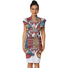 Amsterdam Graphic Design Poster Illustration Vintage Frill Sleeve V-neck Bodycon Dress by Salman4z