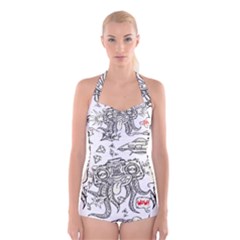 Drawing Clip Art Hand Painted Abstract Creative Space Squid Radio Boyleg Halter Swimsuit  by Salman4z