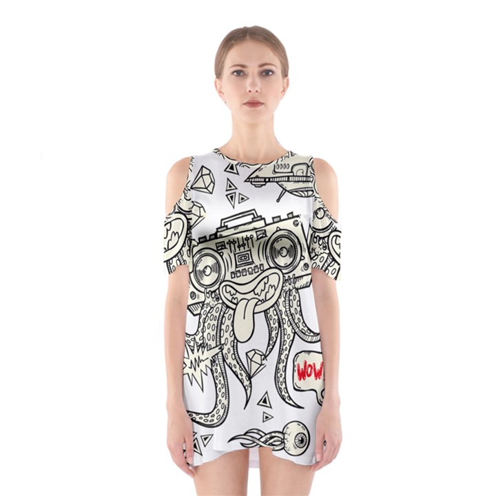 Drawing Clip Art Hand Painted Abstract Creative Space Squid Radio Shoulder Cutout One Piece Dress