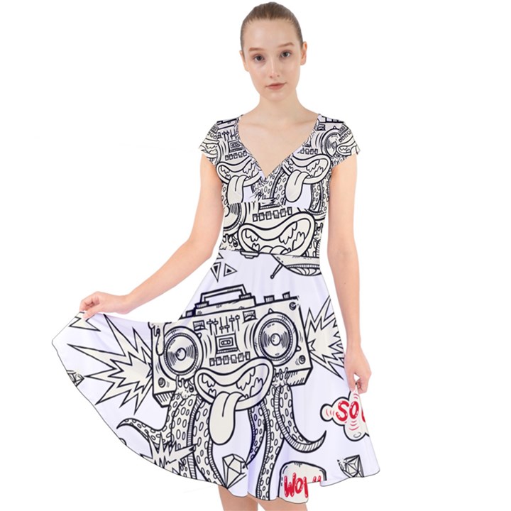 Drawing Clip Art Hand Painted Abstract Creative Space Squid Radio Cap Sleeve Front Wrap Midi Dress