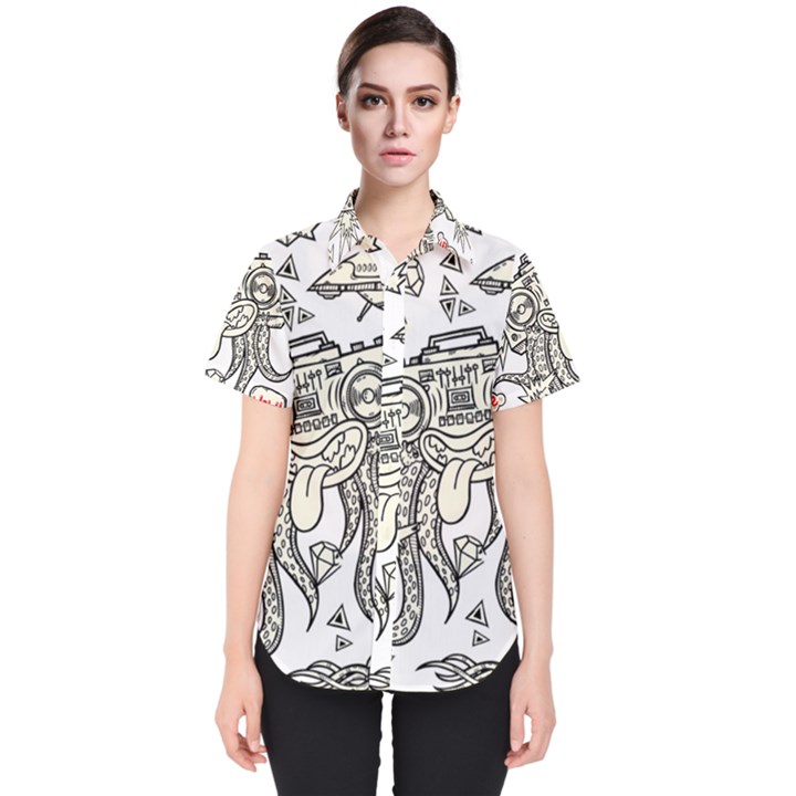 Drawing Clip Art Hand Painted Abstract Creative Space Squid Radio Women s Short Sleeve Shirt