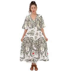 Drawing Clip Art Hand Painted Abstract Creative Space Squid Radio Kimono Sleeve Boho Dress by Salman4z