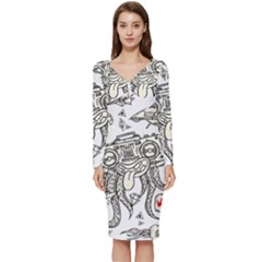 Drawing Clip Art Hand Painted Abstract Creative Space Squid Radio Long Sleeve V-neck Bodycon Dress  by Salman4z