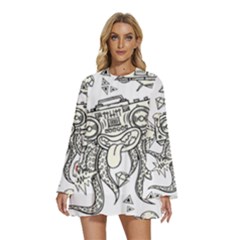 Drawing Clip Art Hand Painted Abstract Creative Space Squid Radio Round Neck Long Sleeve Bohemian Style Chiffon Mini Dress by Salman4z