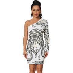 Drawing Clip Art Hand Painted Abstract Creative Space Squid Radio Long Sleeve One Shoulder Mini Dress by Salman4z