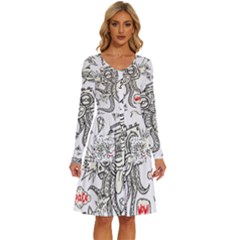 Drawing Clip Art Hand Painted Abstract Creative Space Squid Radio Long Sleeve Dress With Pocket by Salman4z