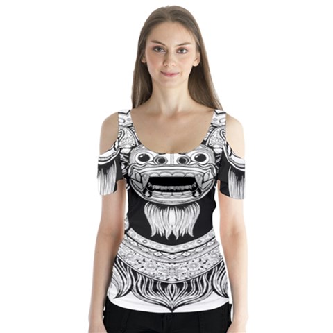 Balinese Art Barong Drawing Bali White Background People Butterfly Sleeve Cutout Tee  by Salman4z