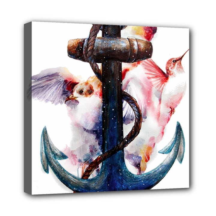 Anchor watercolor painting tattoo art anchors and birds Mini Canvas 8  x 8  (Stretched)