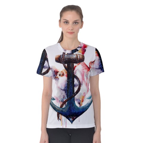 Anchor Watercolor Painting Tattoo Art Anchors And Birds Women s Cotton Tee by Salman4z