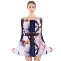 Anchor Watercolor Painting Tattoo Art Anchors And Birds Long Sleeve Velvet Skater Dress