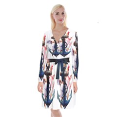 Anchor Watercolor Painting Tattoo Art Anchors And Birds Long Sleeve Velvet Front Wrap Dress by Salman4z