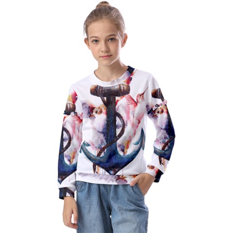 Anchor Watercolor Painting Tattoo Art Anchors And Birds Kids  Long Sleeve Tee With Frill  by Salman4z