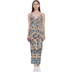 Texture Ornament Paisley V-neck Spaghetti Strap Tie Front Jumpsuit by Salman4z