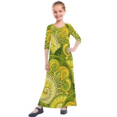 Doodles Patterns Ornament Vector Flowers Green Kids  Quarter Sleeve Maxi Dress by Salman4z