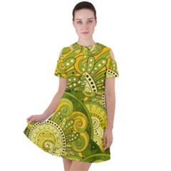 Doodles Patterns Ornament Vector Flowers Green Short Sleeve Shoulder Cut Out Dress  by Salman4z